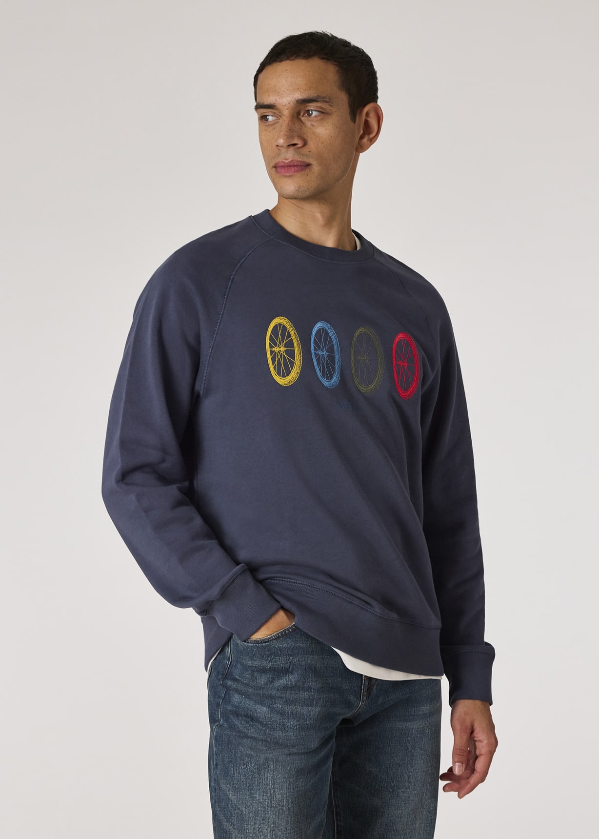 Model View - Steel Blue Embroidered Wheels Sweatshirt Paul Smith