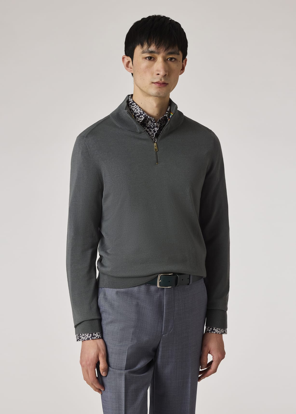Model View - Slate Green Merino Wool Half-Zip Sweater Paul Smith