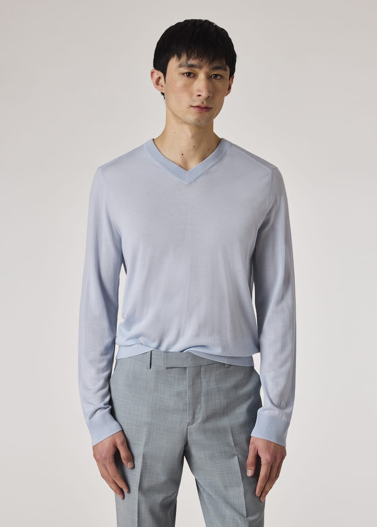 Model View - Sky Blue Merino Wool V-Neck Sweater Paul Smith