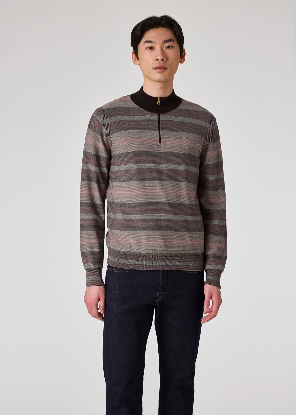 【関税込み】Paul Smith ブラウン Hazy ボーダー ジップセーター Men's Hazy Stripe Cotton And Wool-Blend Zip-Neck Sweater