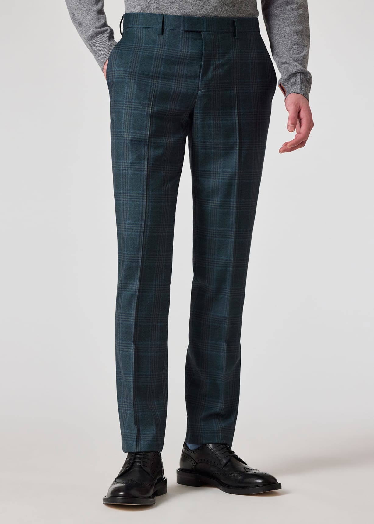 Men's Tapered-Fit Teal Green Check Wool Trousers