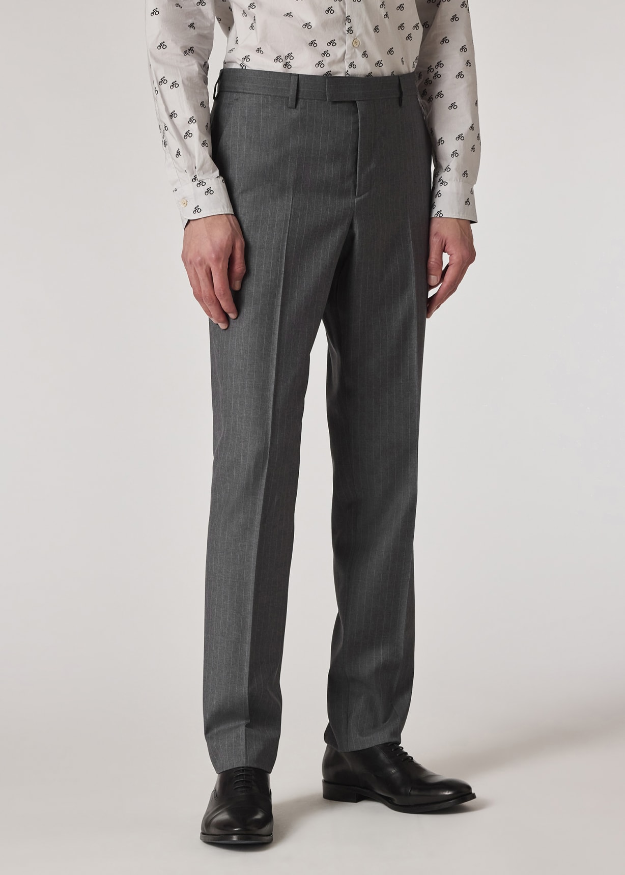 Model View - Tapered-Fit Grey Pinstripe Wool Trousers Paul Smith