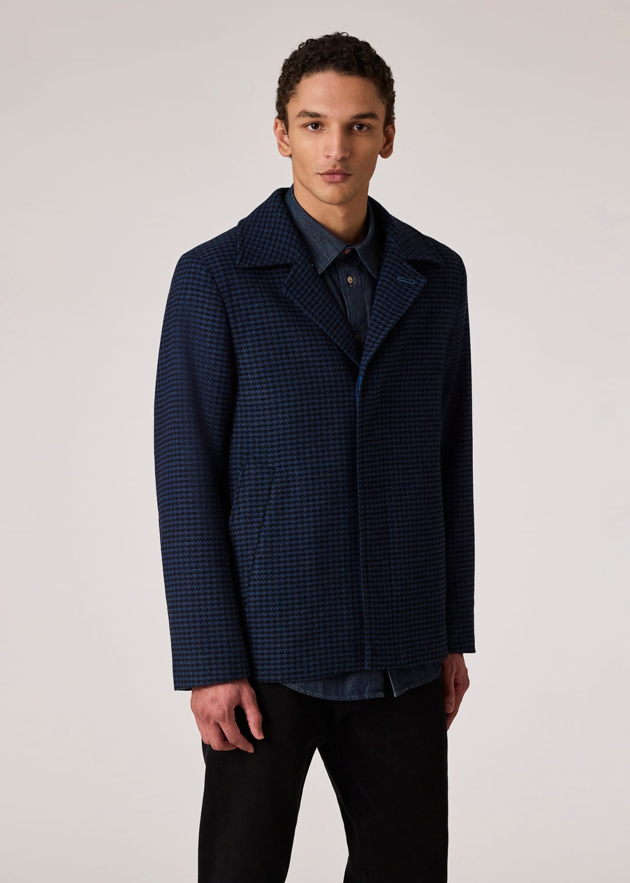 Men's Navy And Black Houndstooth Wool-Blend Jacket