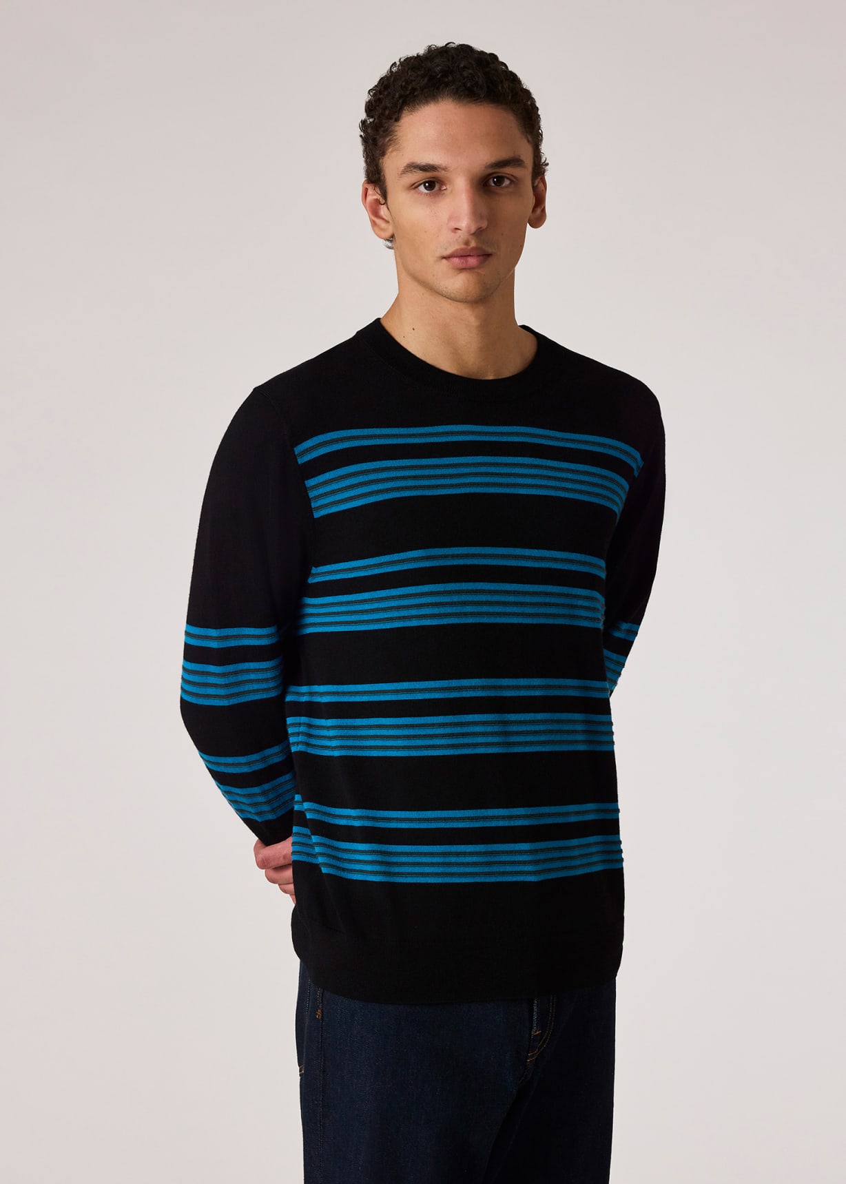 Men's Black Raised Stripe Merino Wool Sweater