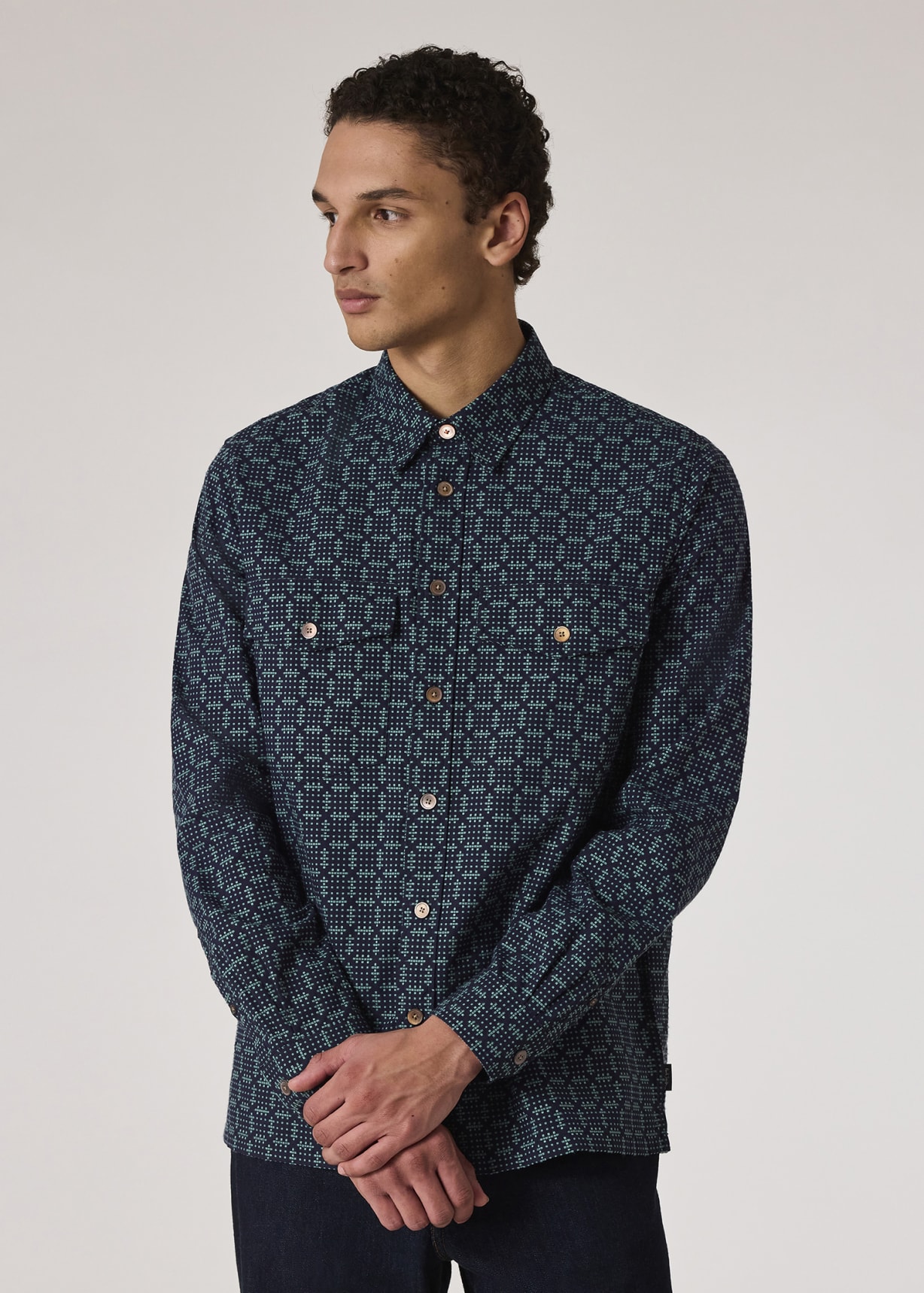 Model view - Navy Cross-Stitch Textured Jacquard Shirt Paul Smith