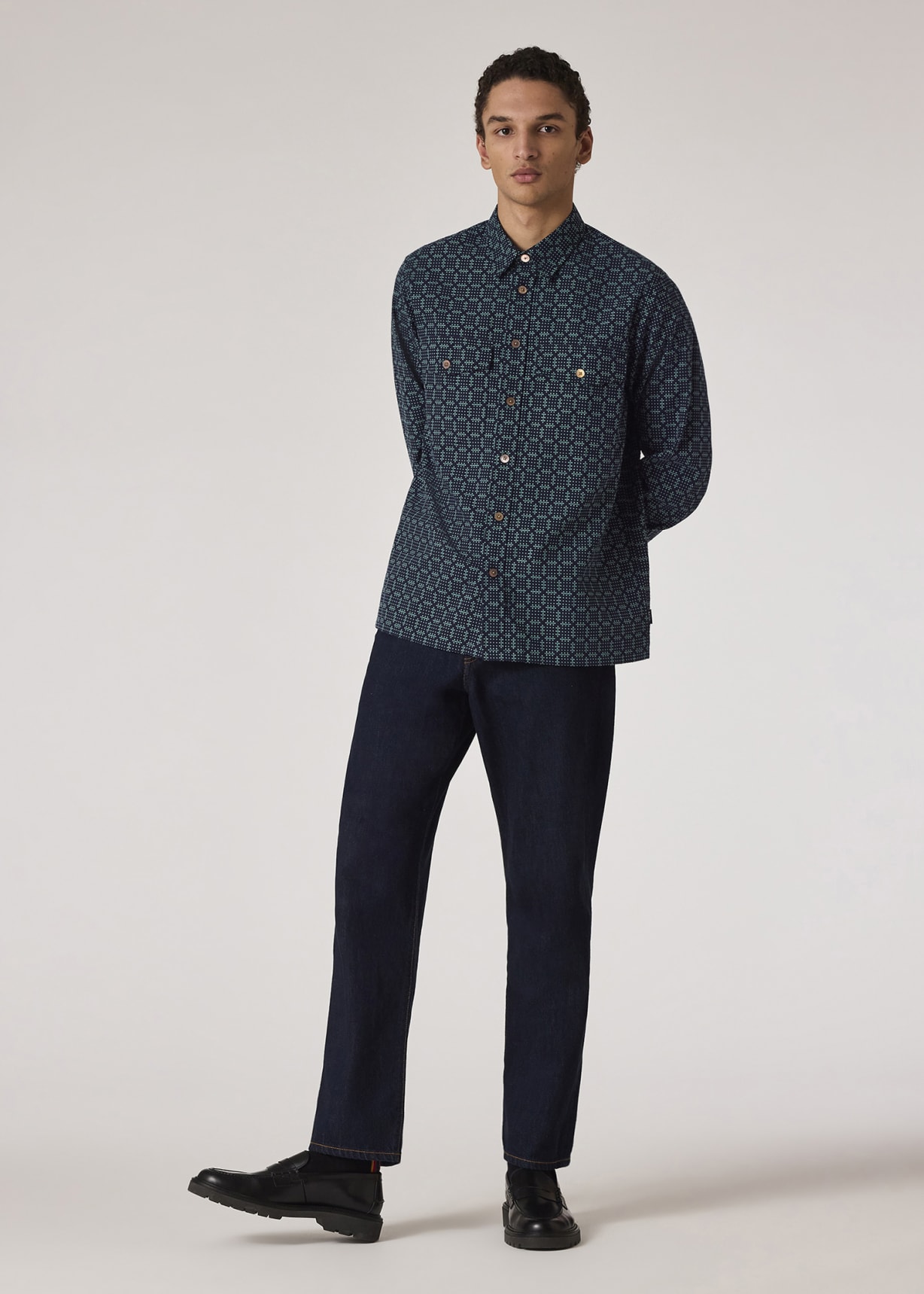 Model view - Navy Cross-Stitch Textured Jacquard Shirt Paul Smith