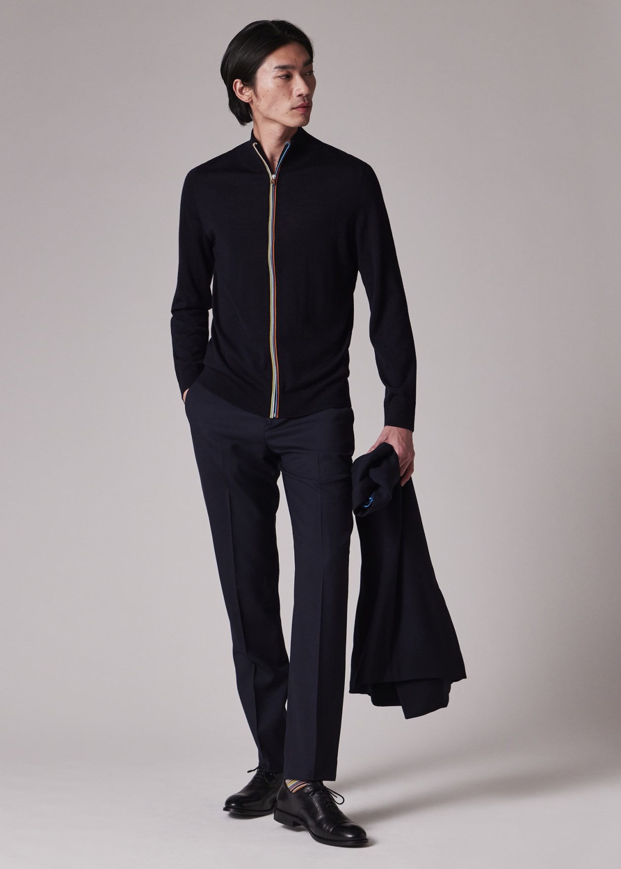 Navy Washable Merino Wool 'Signature Stripe' Zip Cardigan