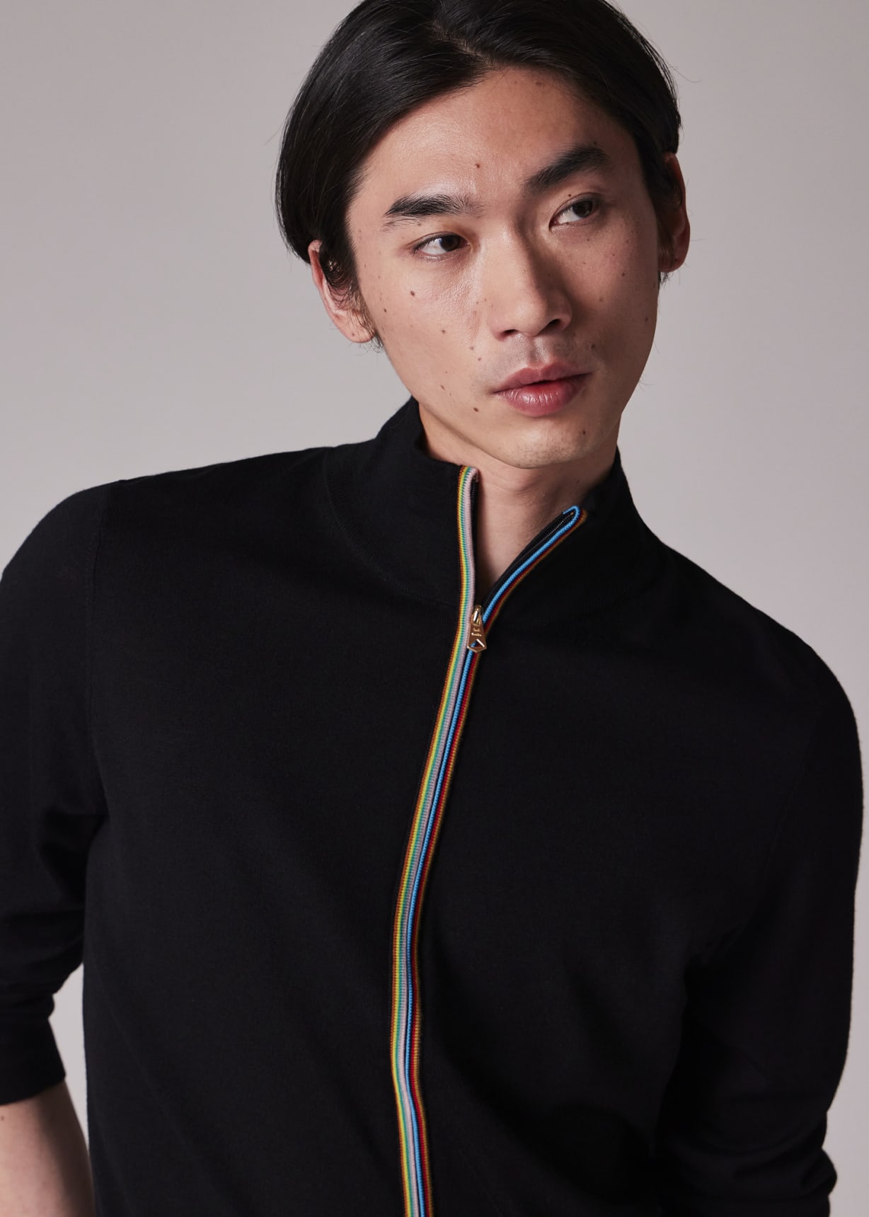 Men's Black Washable Merino Wool 'Signature Stripe' Zip Cardigan