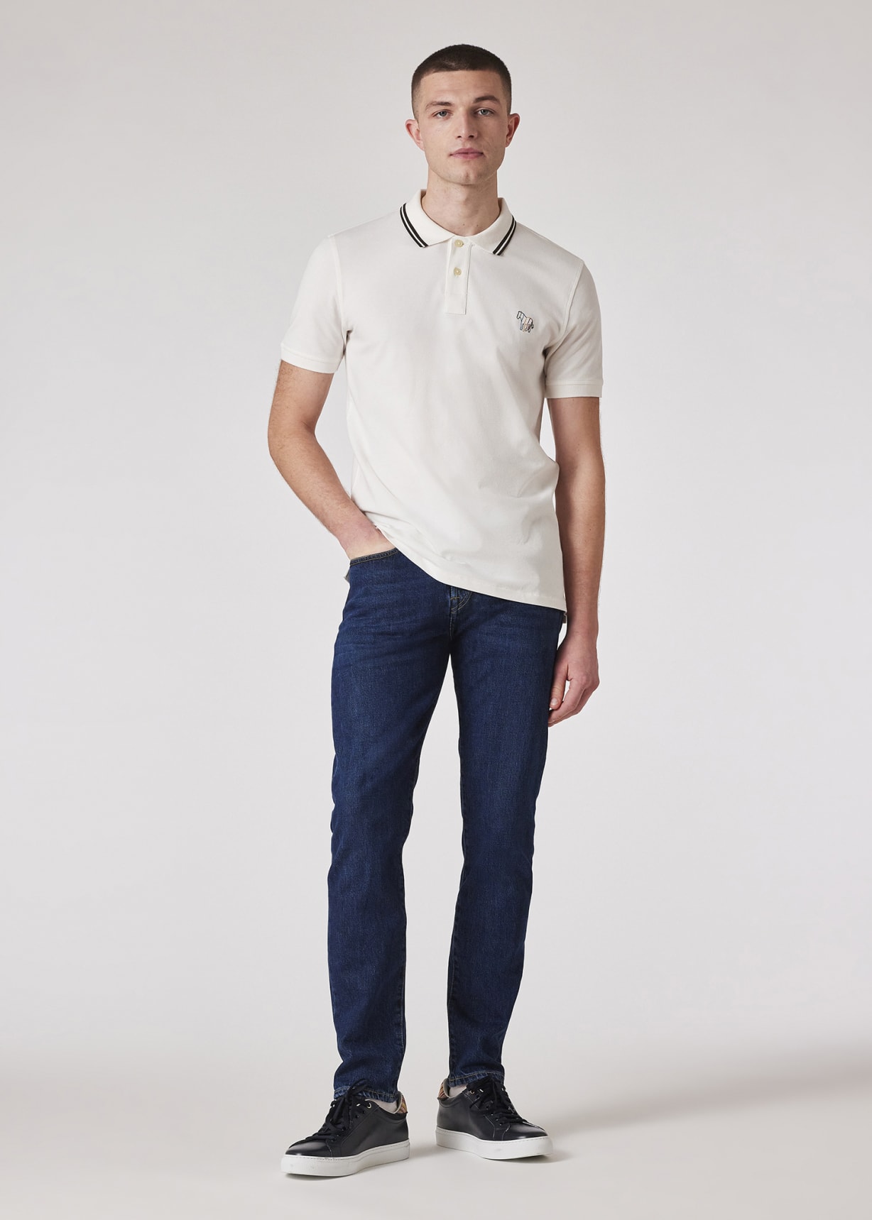 Model view - Tapered-Fit 'Organic Vintage Stretch' Dark-Wash Jeans Paul Smith