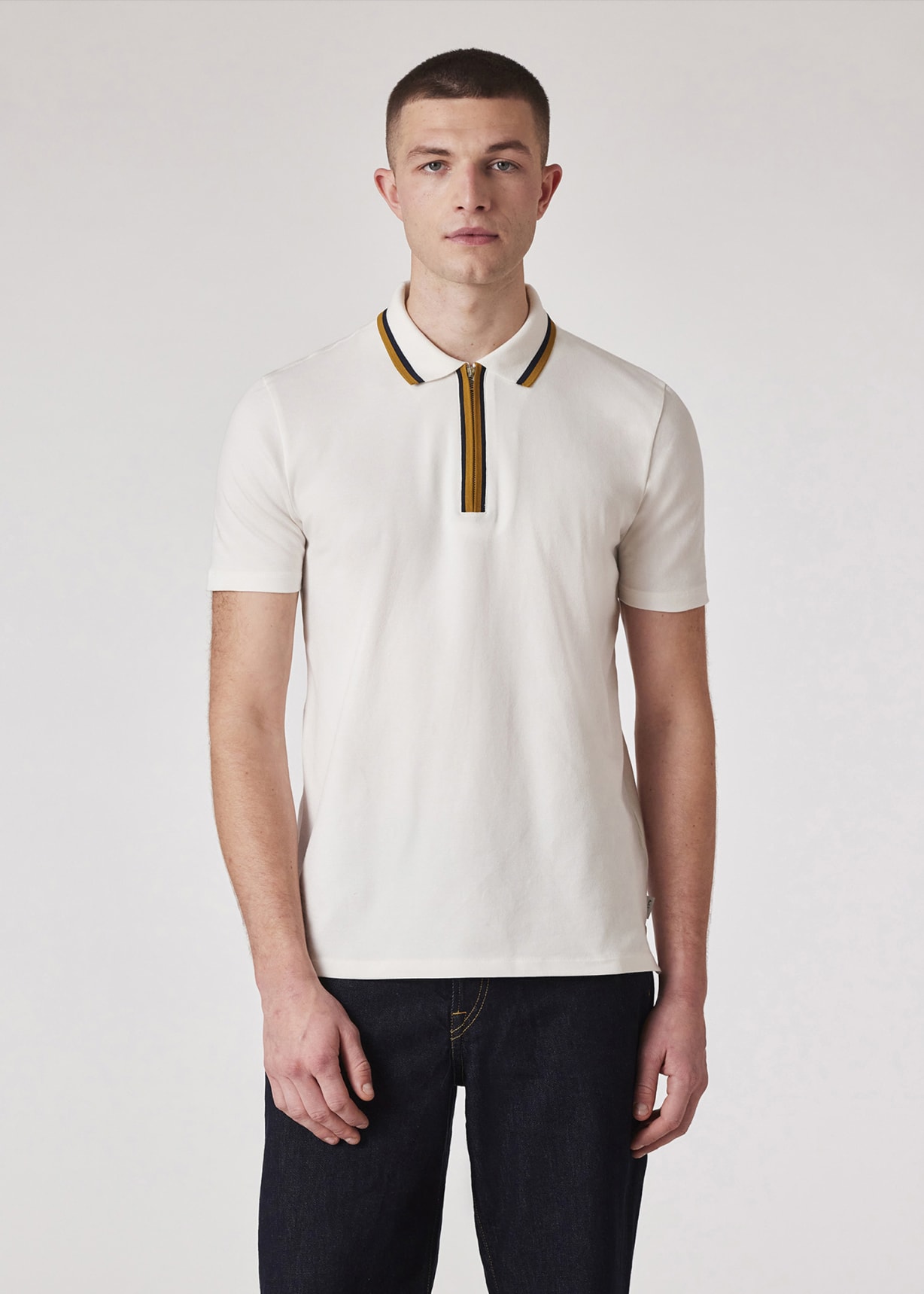 Model View - Ecru Zip-Neck Polo Shirt With Contrast Tipping Paul Smith