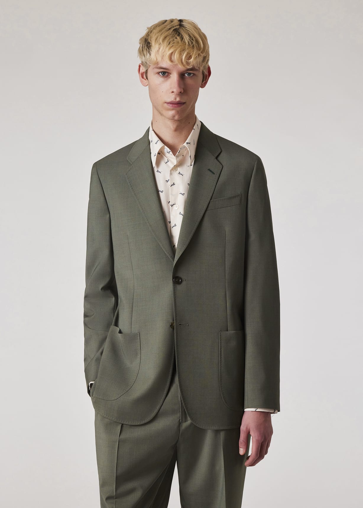 Men's Tailored-Fit Pale Green Overdyed Melange Wool Blazer