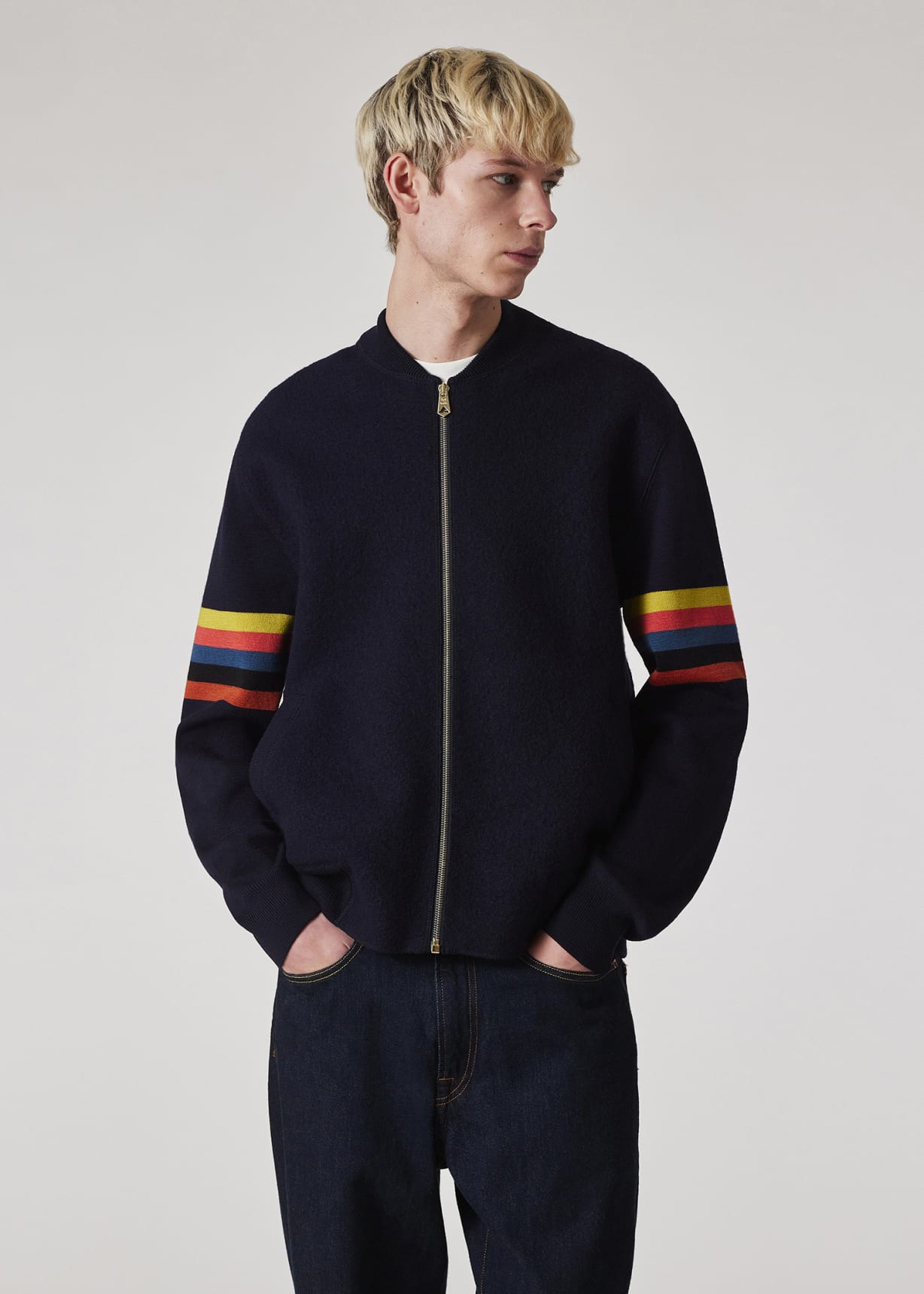 Men's Navy Wool 'Artist Stripe' Zip Bomber Jacket