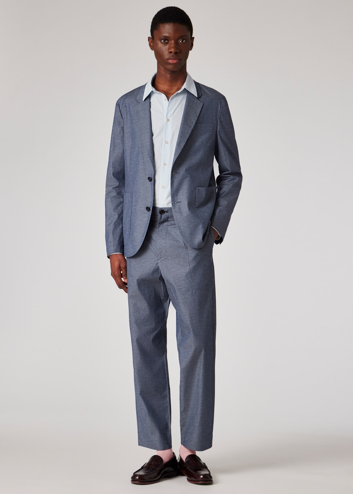 Model View - Light Blue Slub Cotton-Blend Pleated Trousers Paul Smith