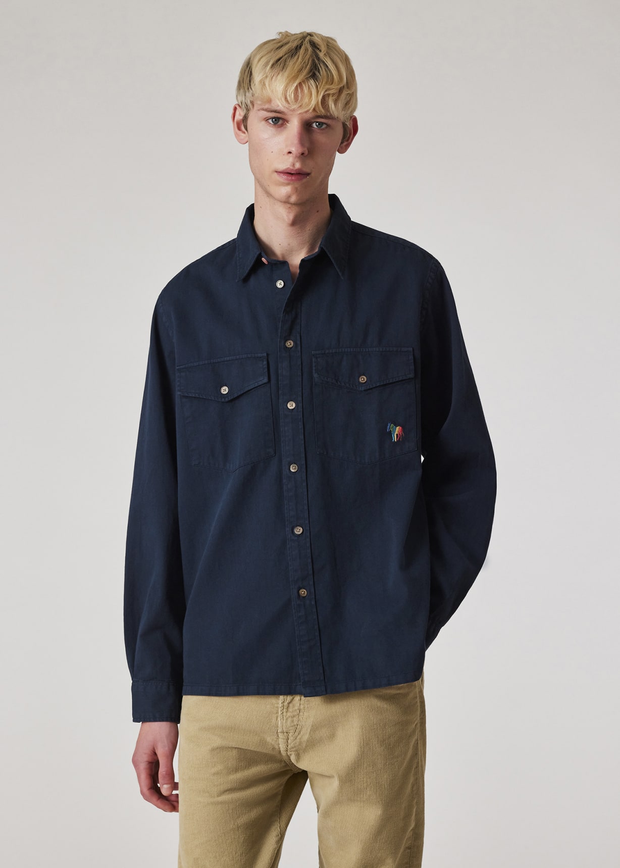 Men's Navy 'Broad Stripe Zebra' Cotton-Twill Pocket Shirt