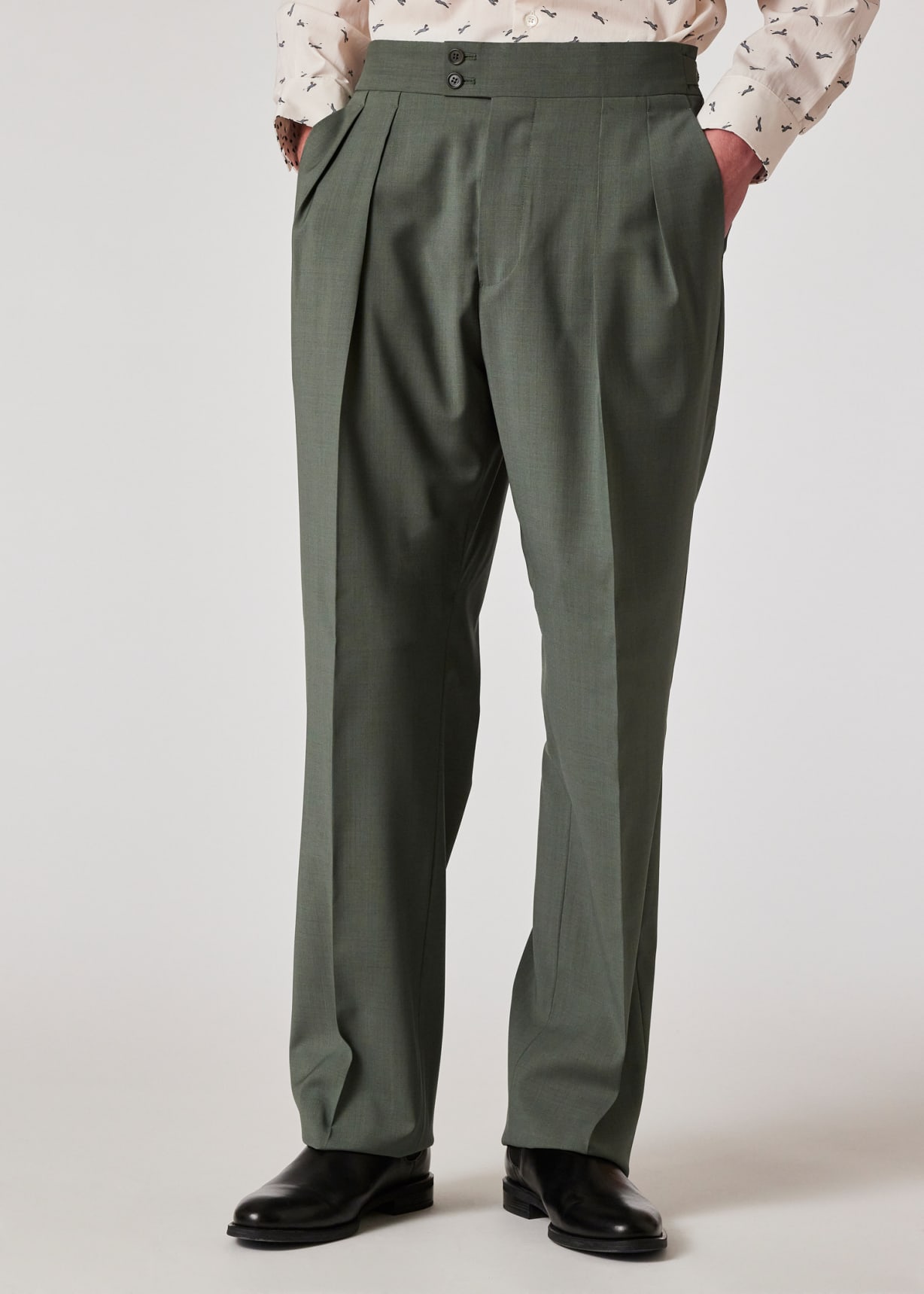 Men's Pale Green Overdyed Melange Wool Pleated Trousers
