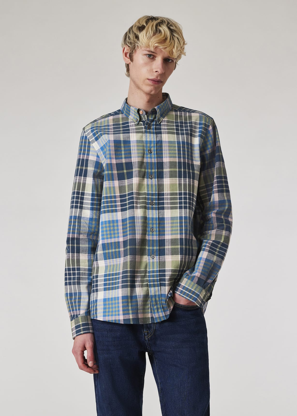 Model View - Cotton-Blend Blue Check Shirt Paul Smith