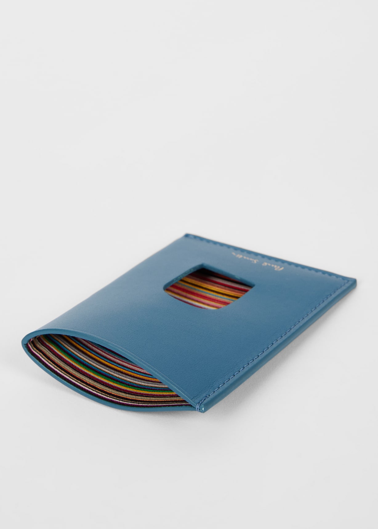 Detail View - Pale Blue Leather 'Signature Stripe' Thumb Hole Card Holder Paul Smith