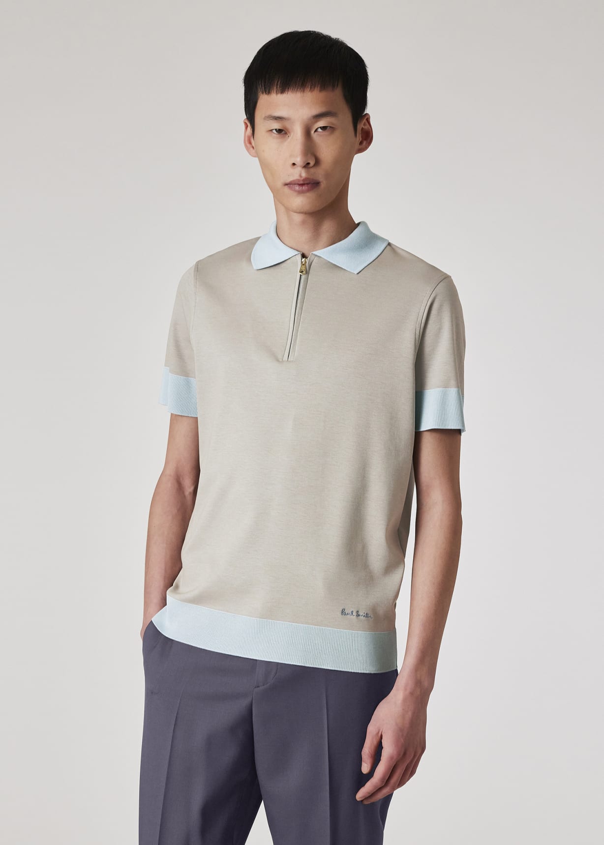 Model view - Light Blue And Grey Zip Polo Shirt Paul Smith