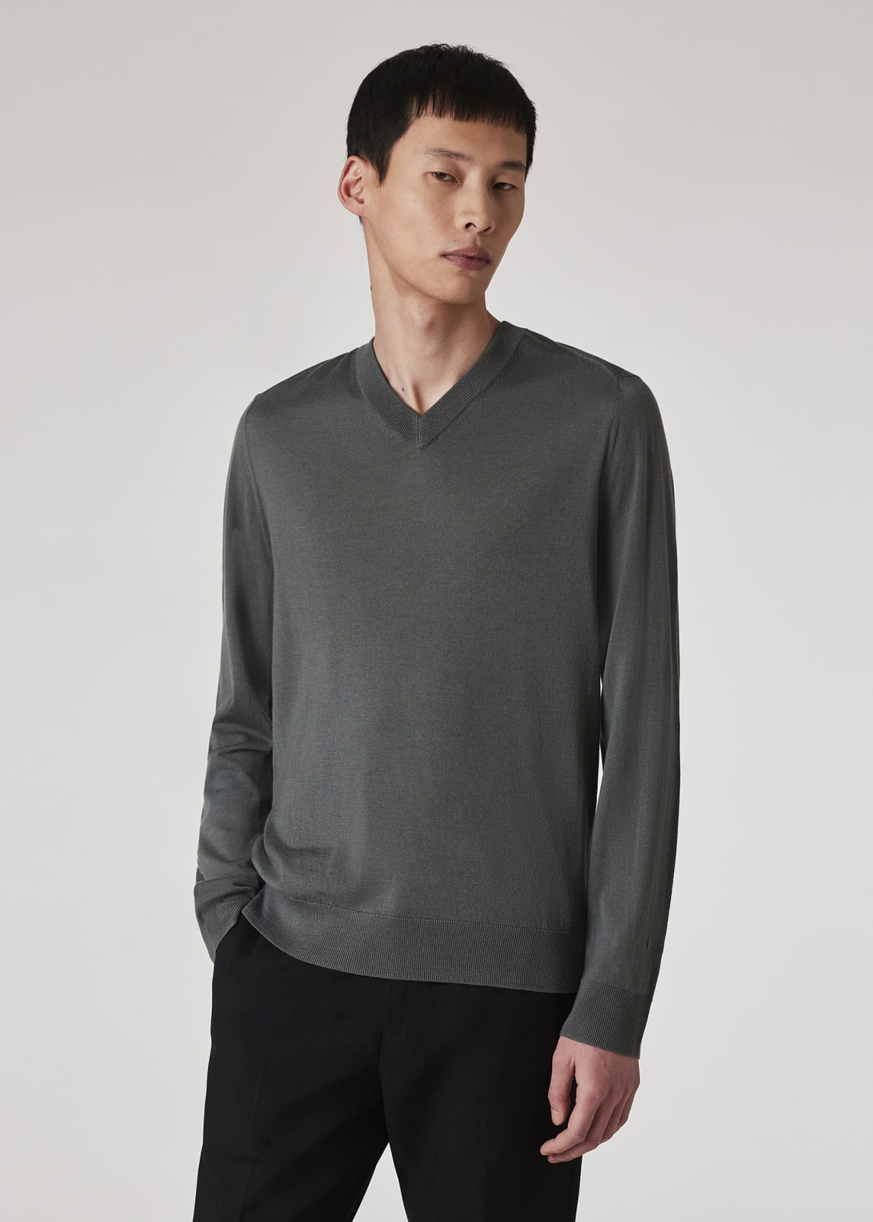 Model View - Slate Green Merino Wool V-Neck Sweater Paul Smith