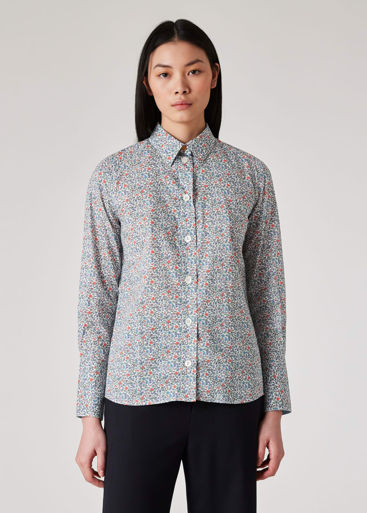 Model View - Women's Tailored-Fit Blue 'Liberty Floral' Print Shirt Paul Smith