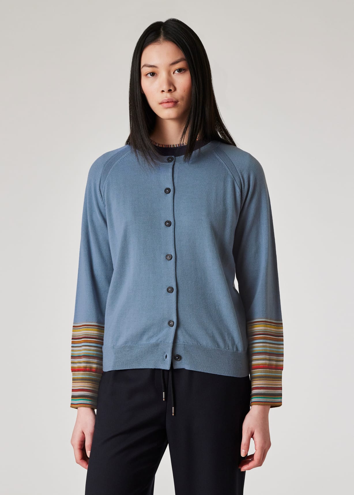 Model View - Women's Light Blue 'Signature Stripe' Cuff Cardigan Paul Smith