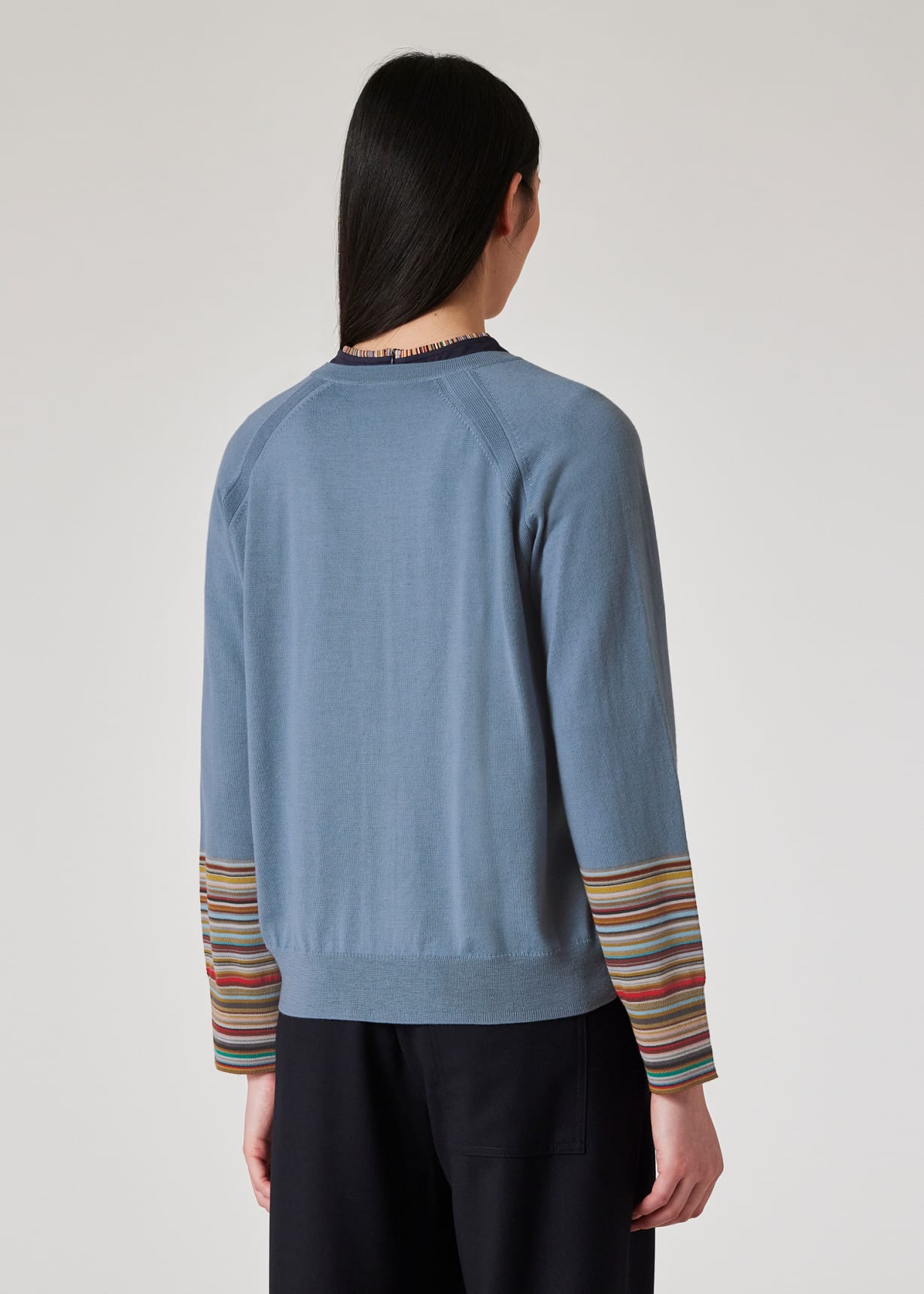 Model View - Women's Light Blue 'Signature Stripe' Cuff Cardigan Paul Smith