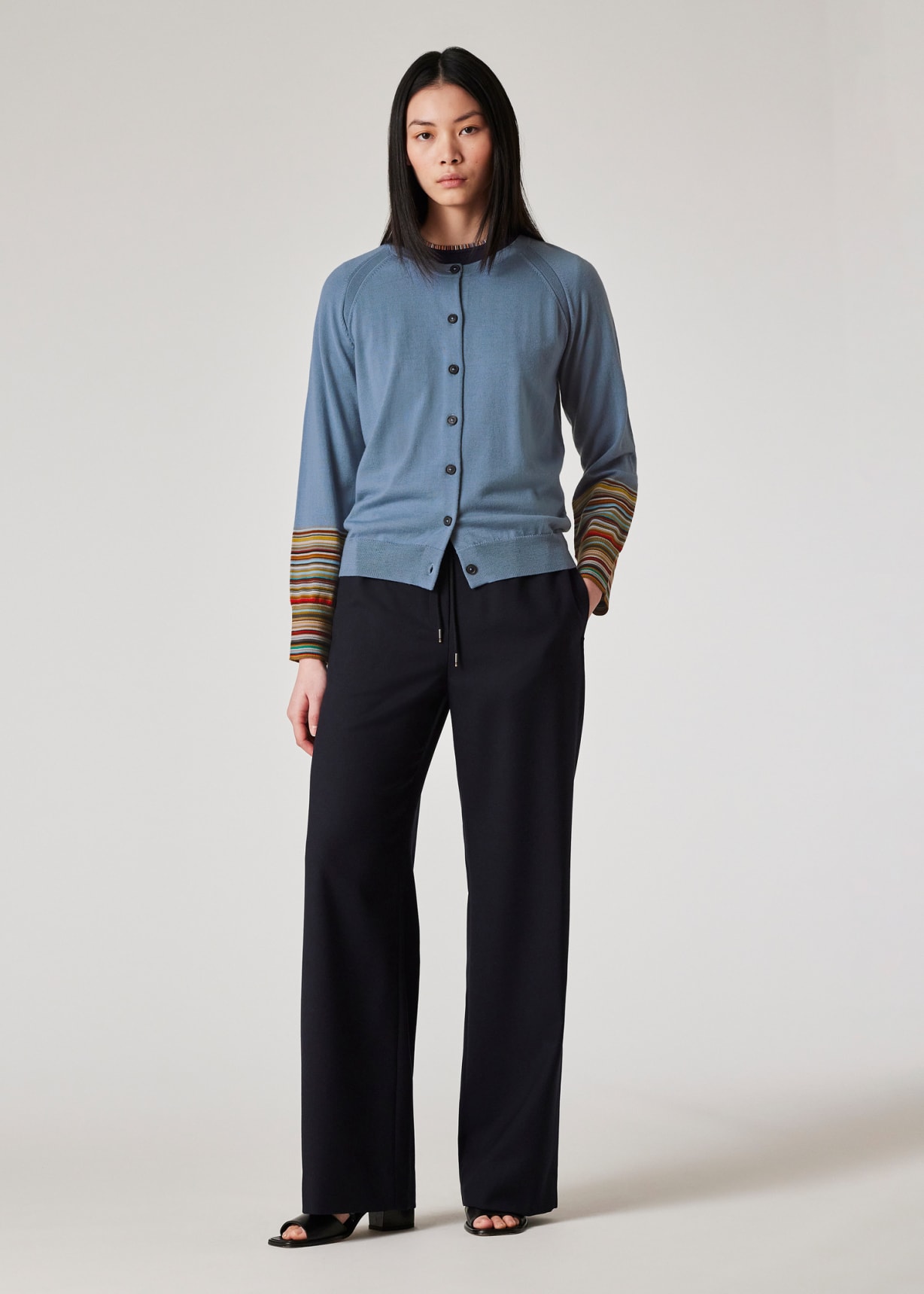 Model View - Women's Light Blue 'Signature Stripe' Cuff Cardigan Paul Smith