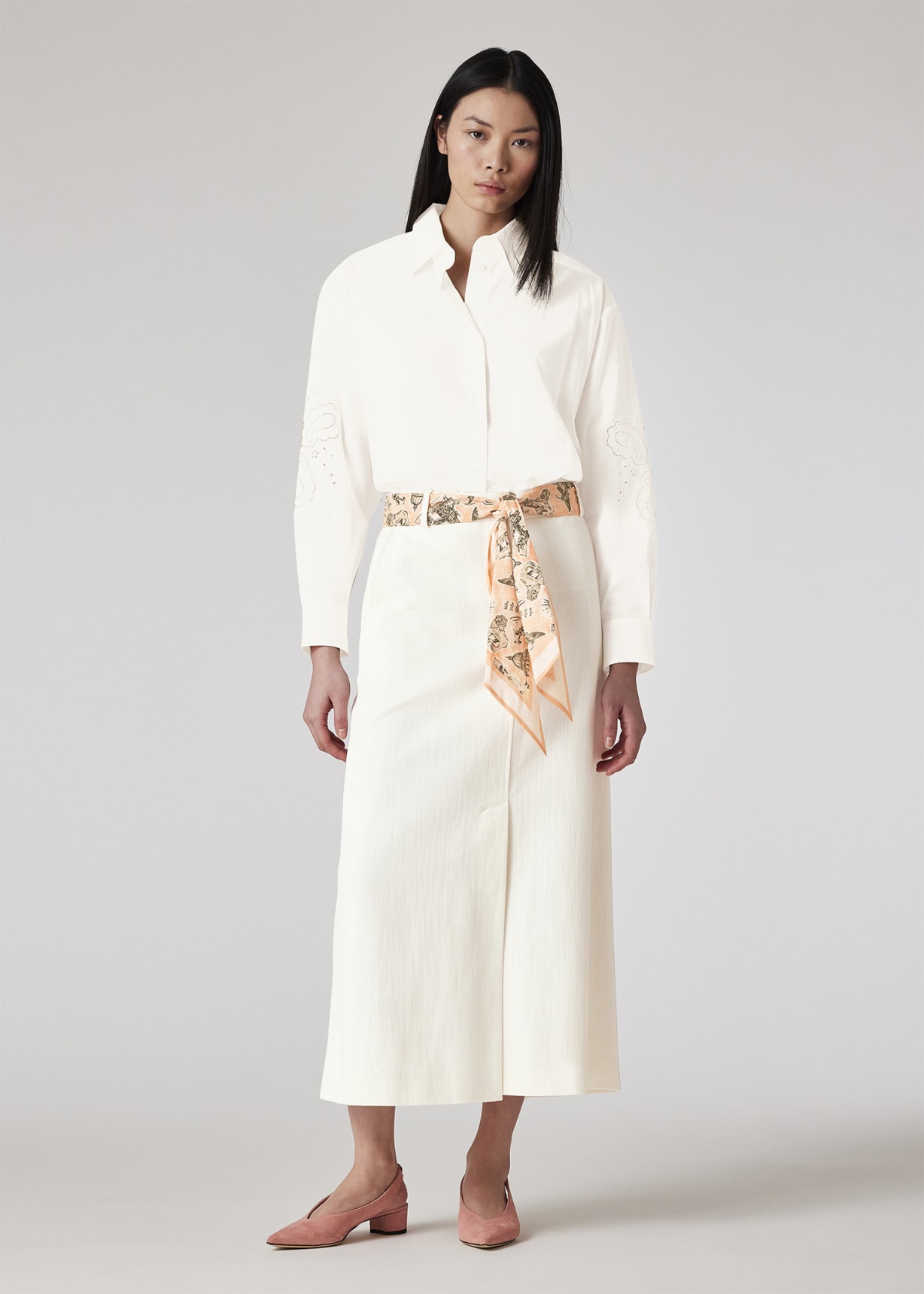 Women's White Denim Midi Skirt with Seasonal Print Scarf Belt