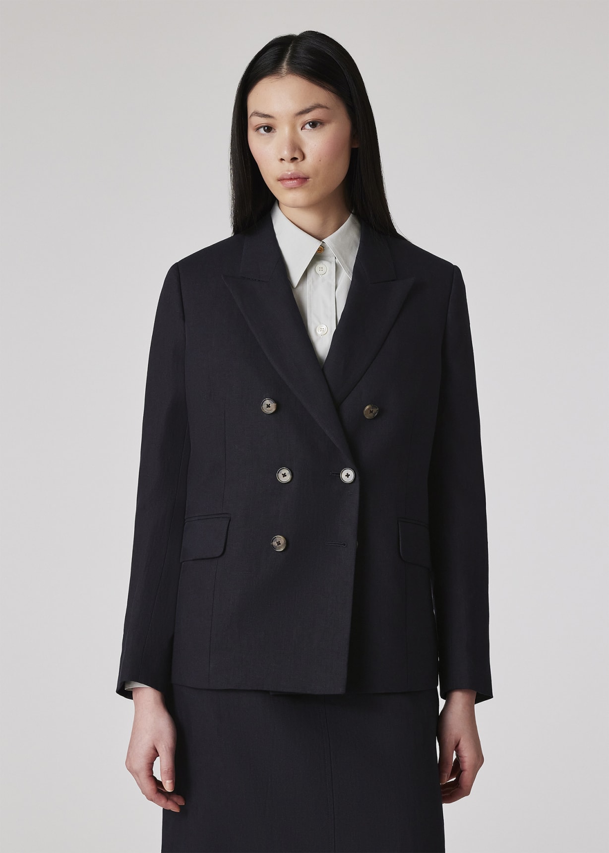 Model View - Women's Dark Navy Double Breasted Linen Blazer Paul Smith