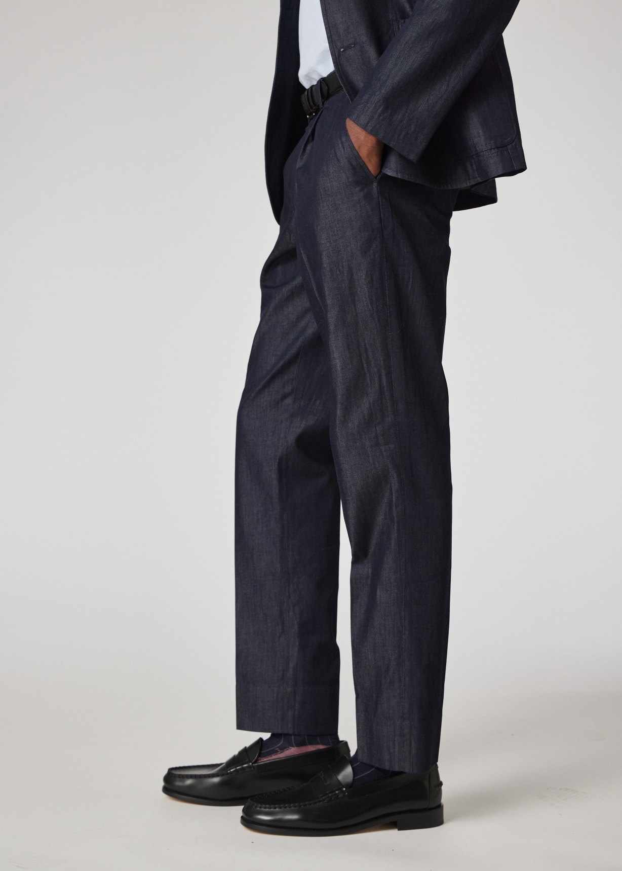 Model view - Indigo Rinse Cotton-Twill Pleated Trousers Paul Smith
