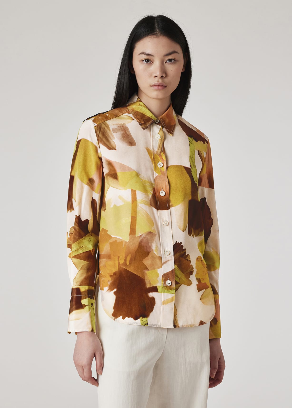 Model View - Women's Orange 'Floral Paint' Silk Shirt Paul Smith