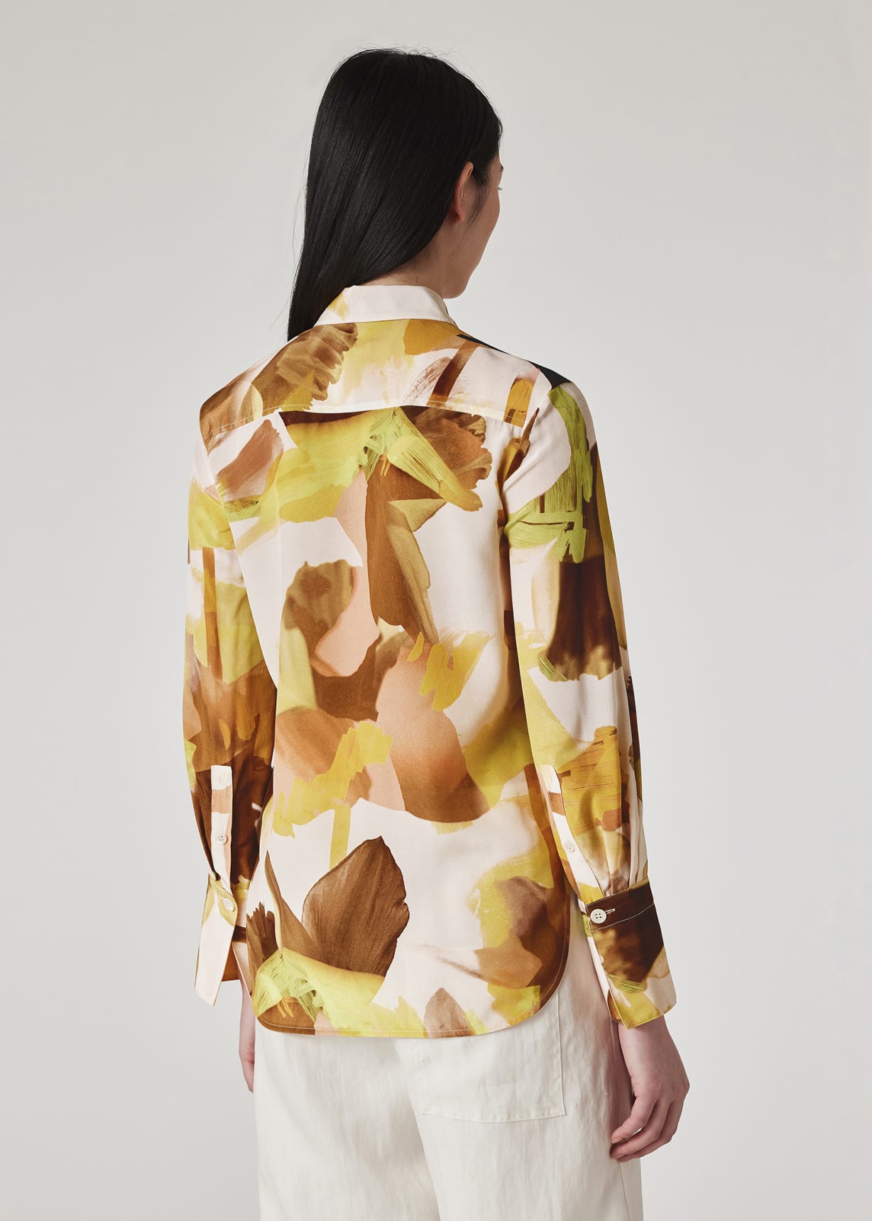 Model View - Women's Orange 'Floral Paint' Silk Shirt Paul Smith