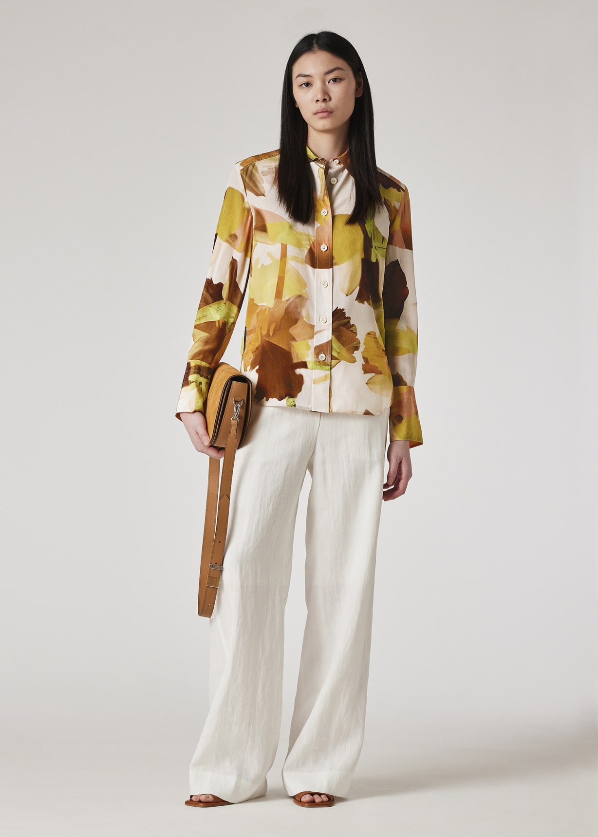 Model View - Women's Orange 'Floral Paint' Silk Shirt Paul Smith