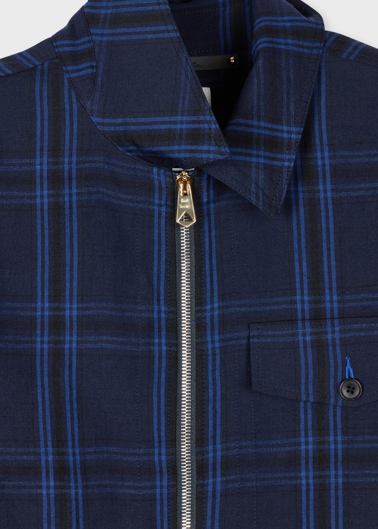 Men's Navy Check Wool-Linen Zip Jacket
