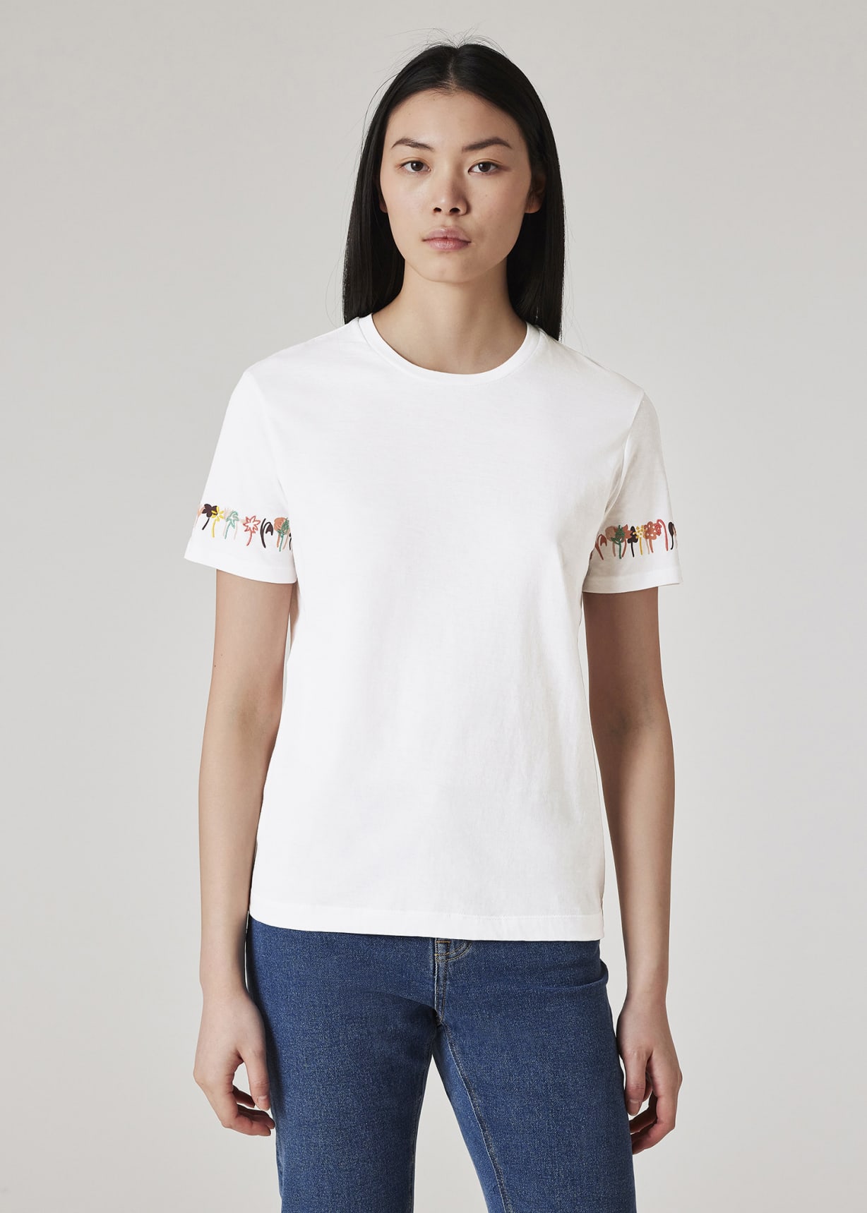 Model View - Women's Cotton White 'Embroidered Flowers' T-Shirt Paul Smith