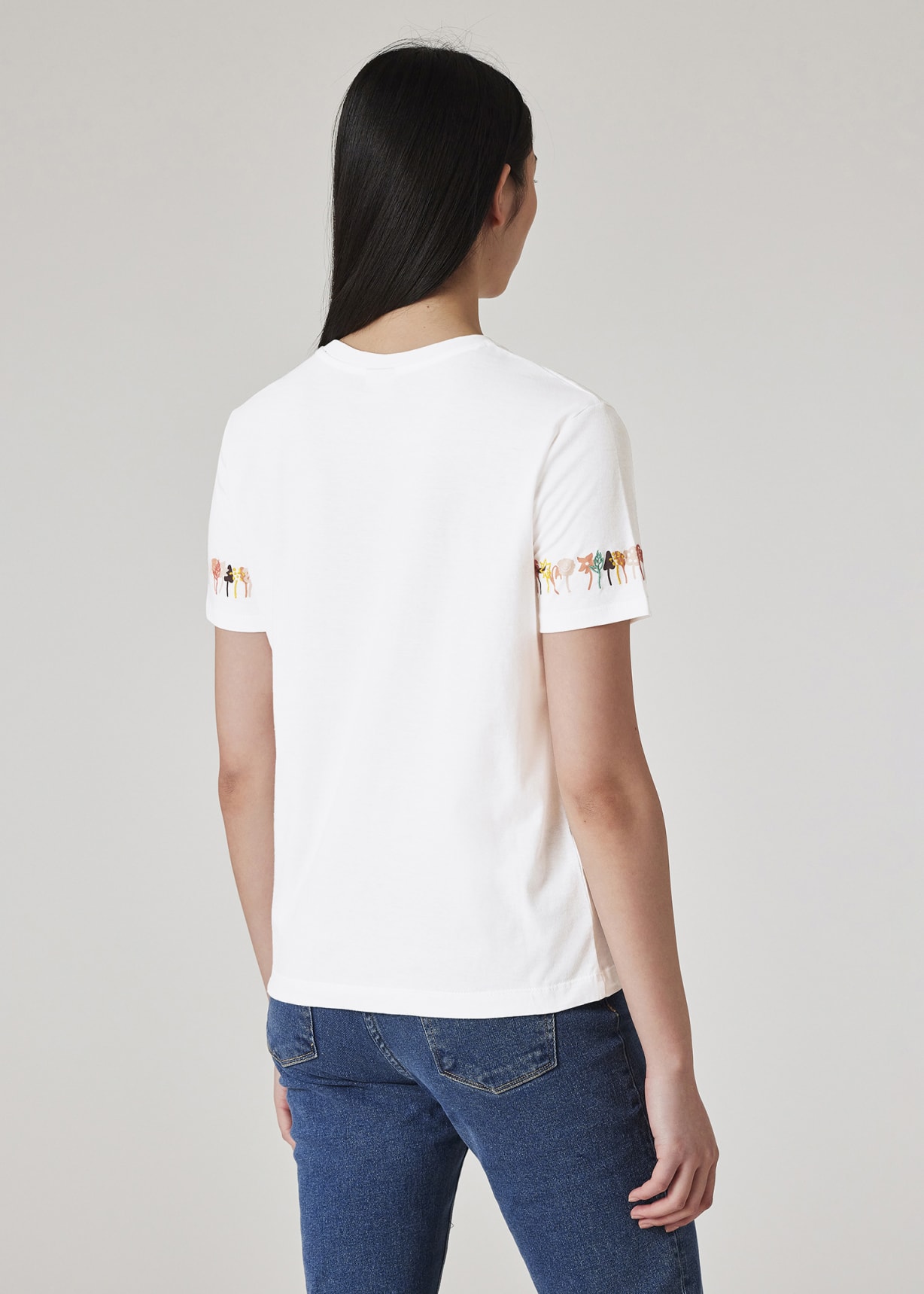 Model View - Women's Cotton White 'Embroidered Flowers' T-Shirt Paul Smith