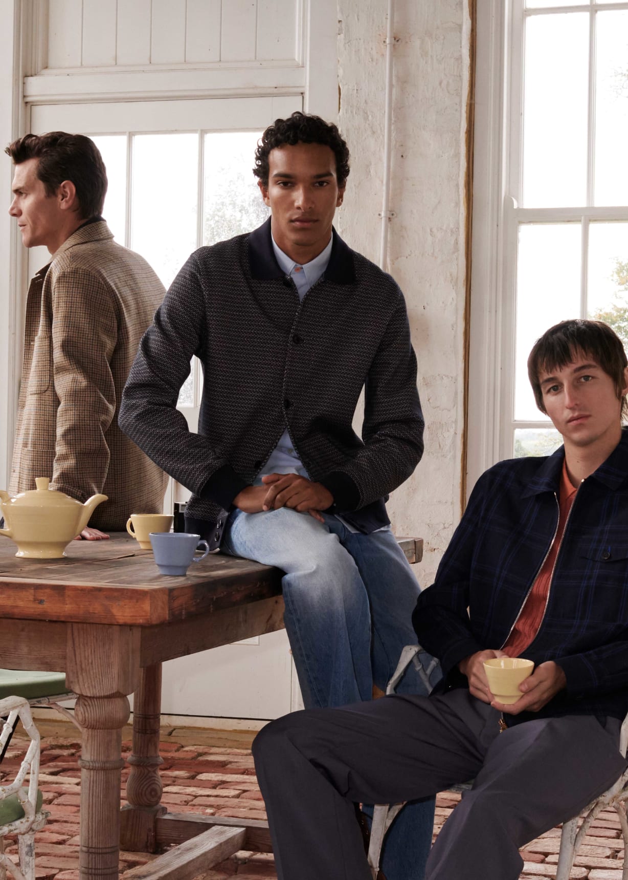 Men's Navy Check Wool-Linen Zip Jacket