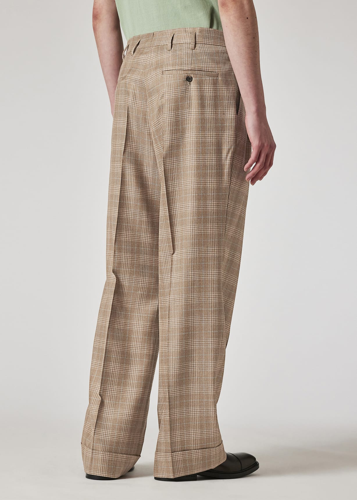 Men's Light Brown Wool-Silk Check Wide-Leg Trousers