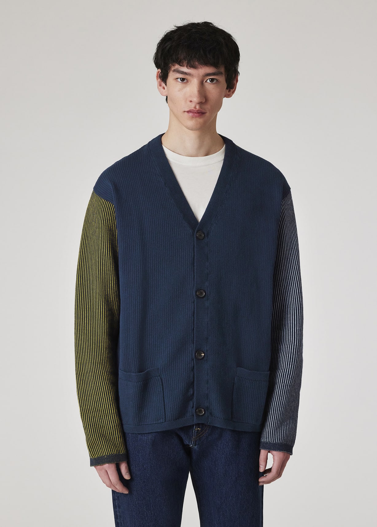 Men's Navy Mixed-Panel Cotton Cardigan