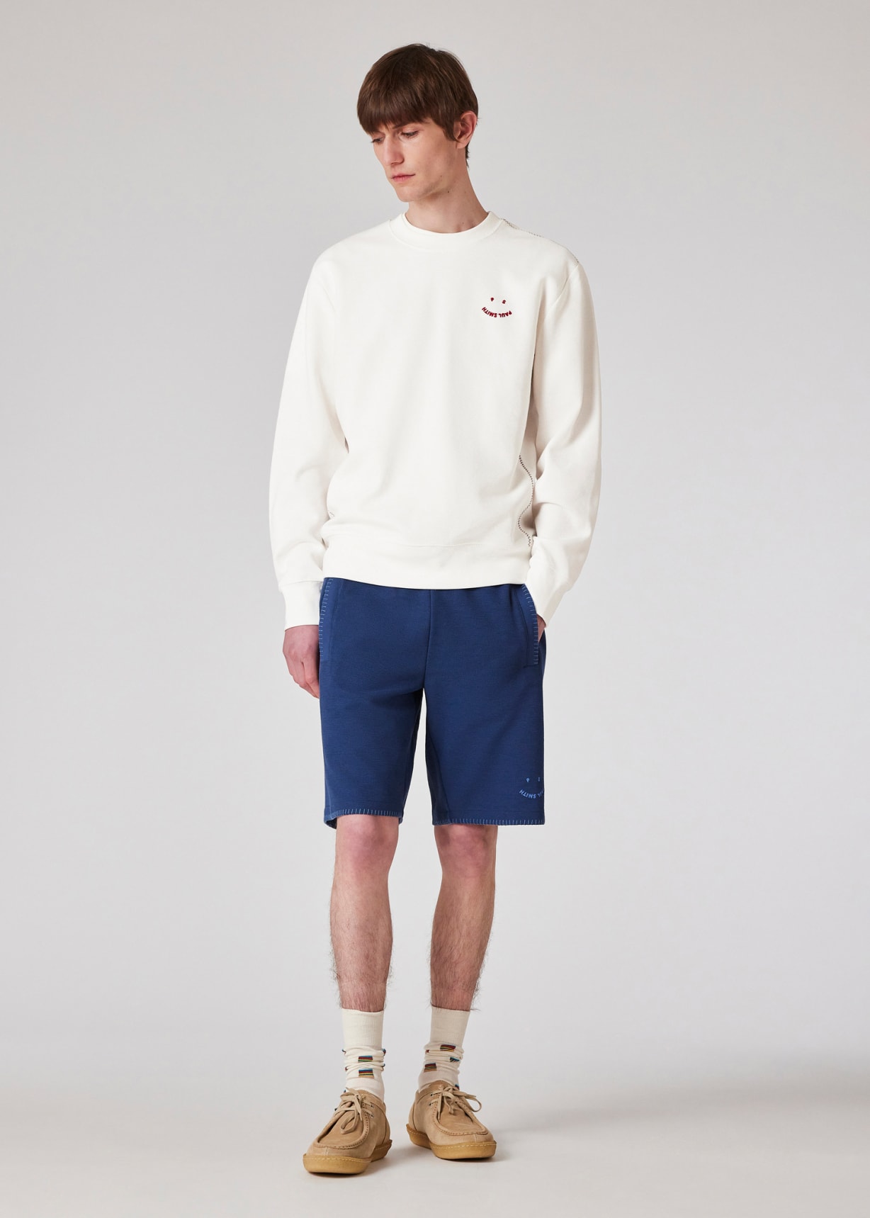 White Cotton-Blend 'Happy' Blanket-Stitch Sweatshirt