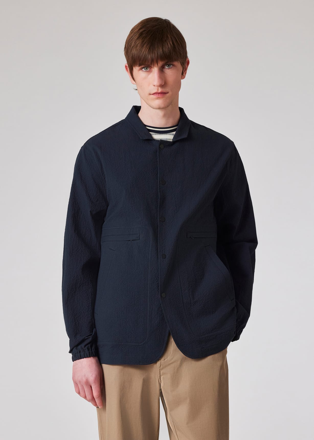 Model view - Navy Stretch-Cotton Seersucker Jacket