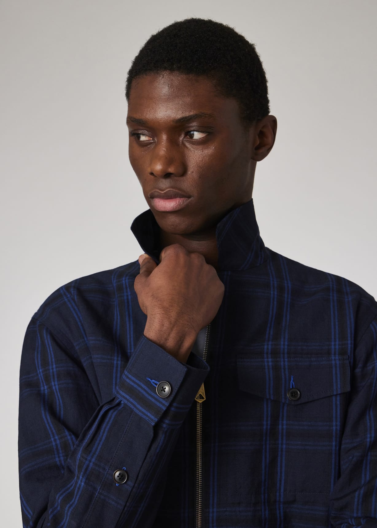 Men's Navy Check Wool-Linen Zip Jacket