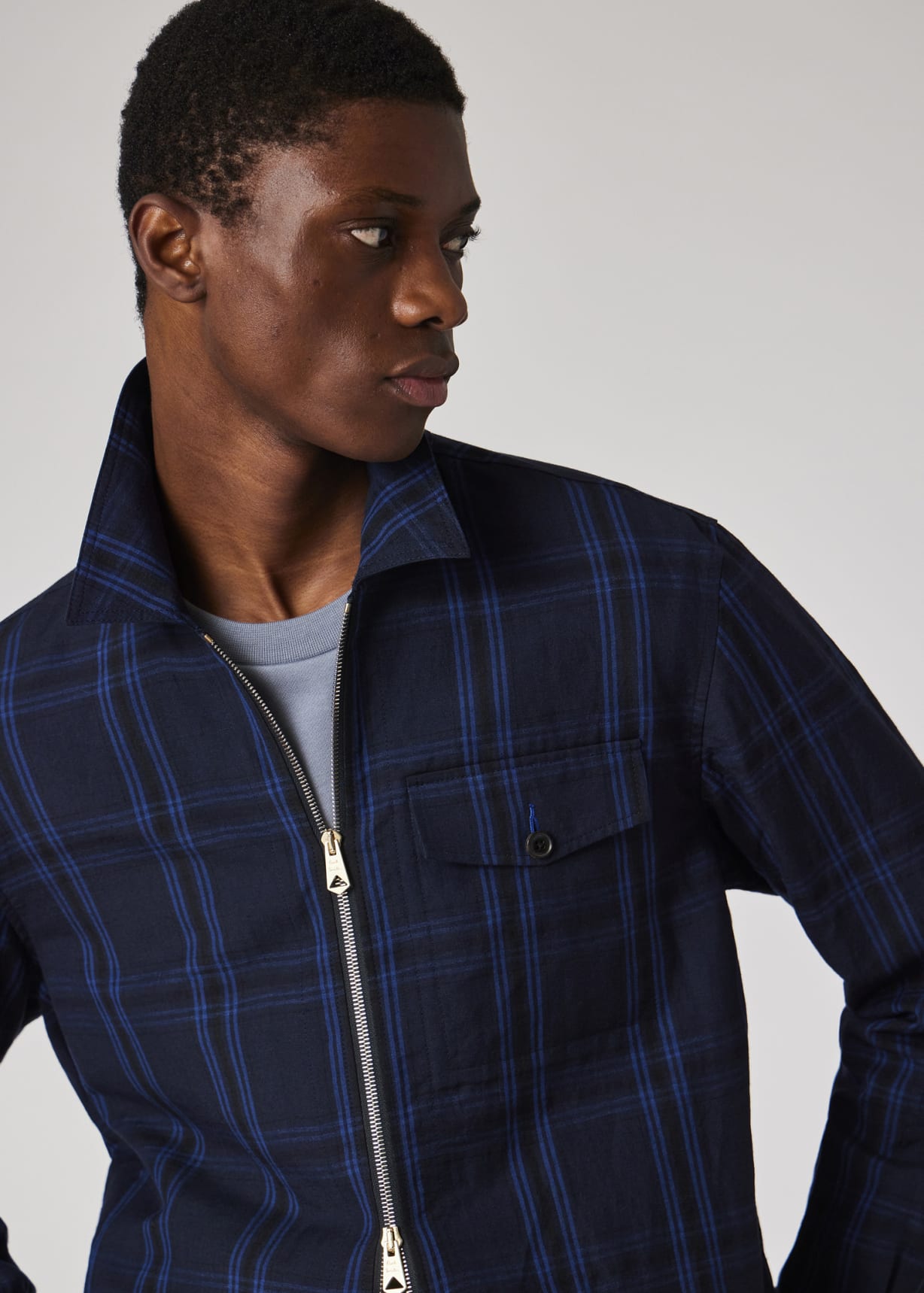 Men's Navy Check Wool-Linen Zip Jacket