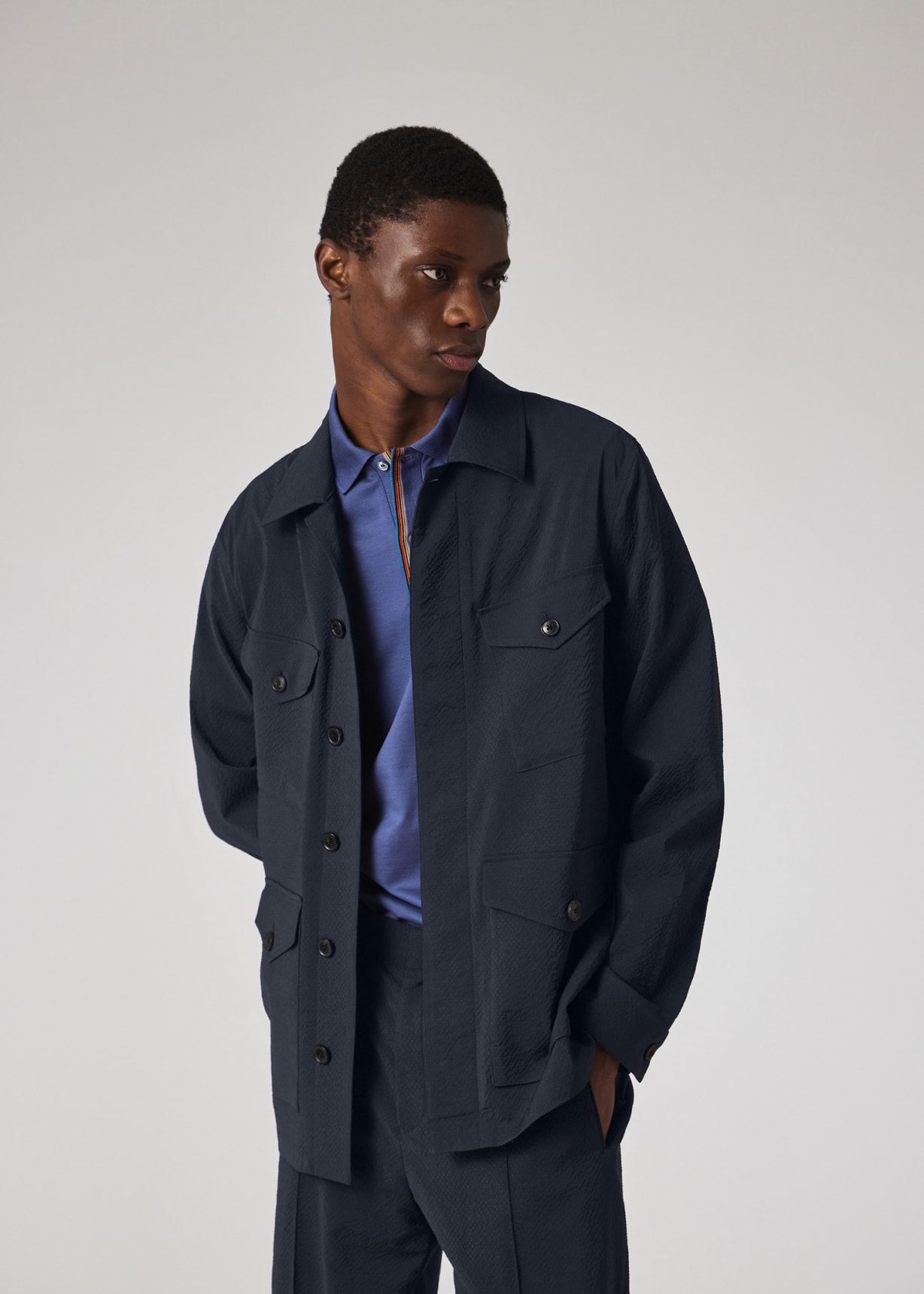 ジャケット・アウター PAUL SMITH ARCHIVE WOOL TAILORED JACKET Men's Navy Check Stretch-Wool Seersucker Work Jacket