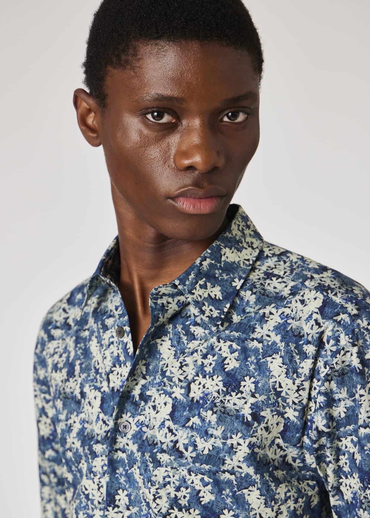 Model view - Indigo Flower Print Cotton Shirt Paul Smith