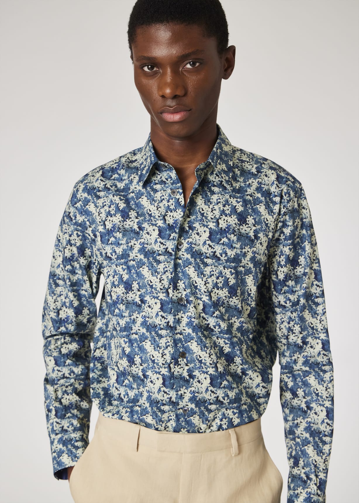 Model view - Indigo Flower Print Cotton Shirt Paul Smith