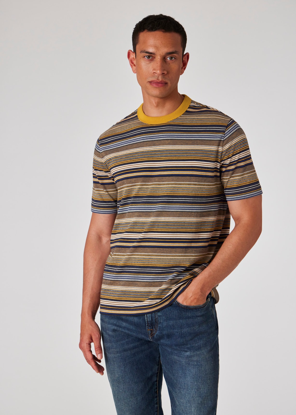 Model view - Yellow And Navy Stripe Cotton T-Shirt