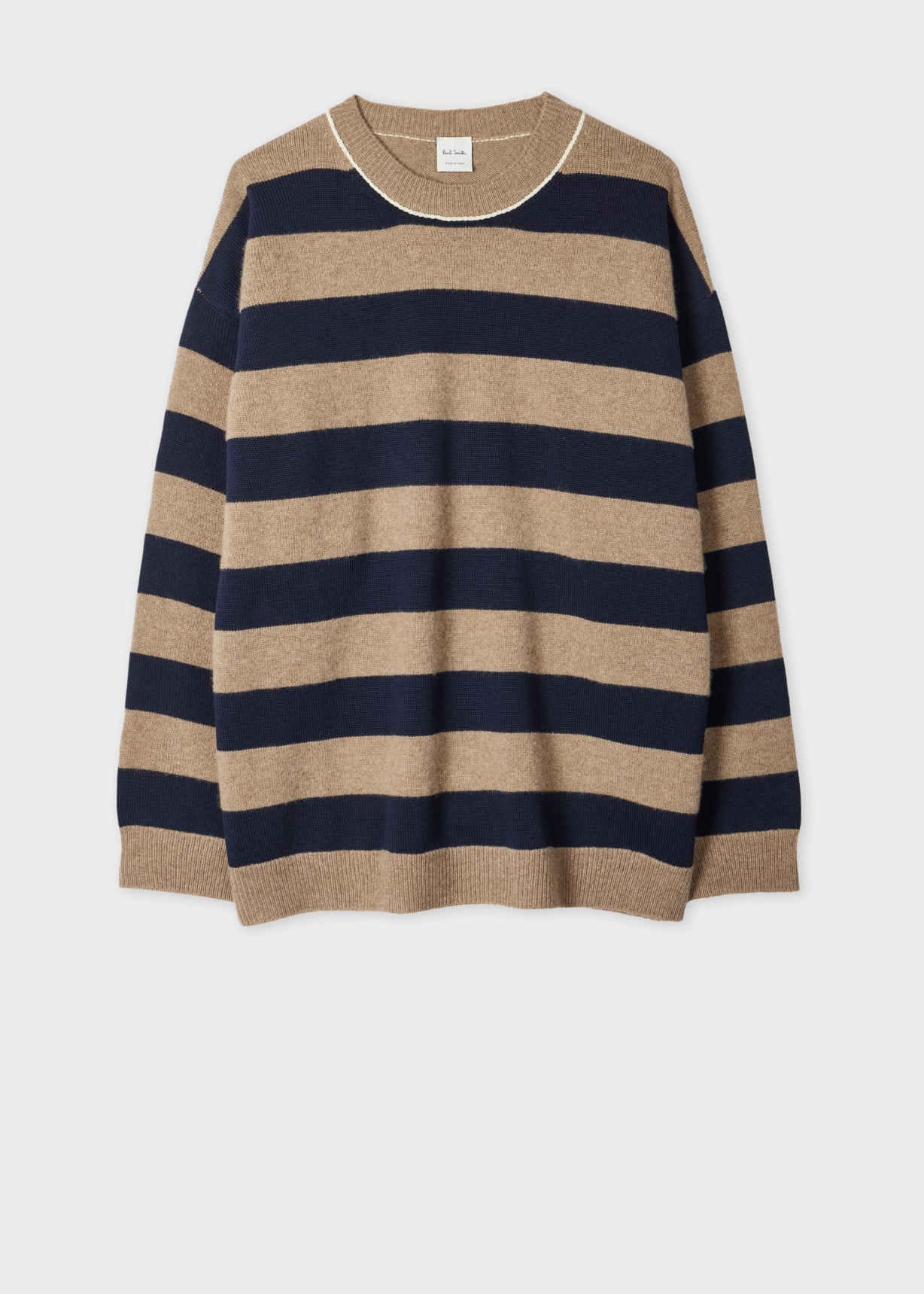 Front View - Women's Navy and Oatmeal Lambswool-Blend Striped Sweater Paul Smith