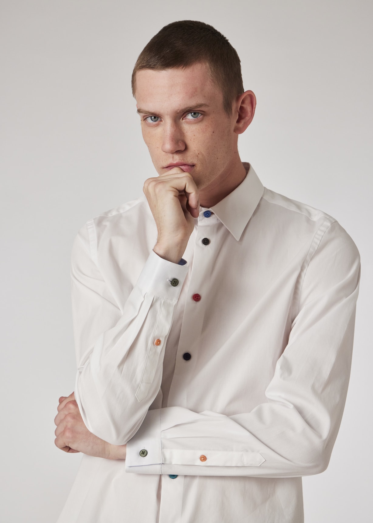 Jason// Cotton Knit-Stretch Button-Up Shirt With Contrast Details // White // Tailored Fit (Fitted)