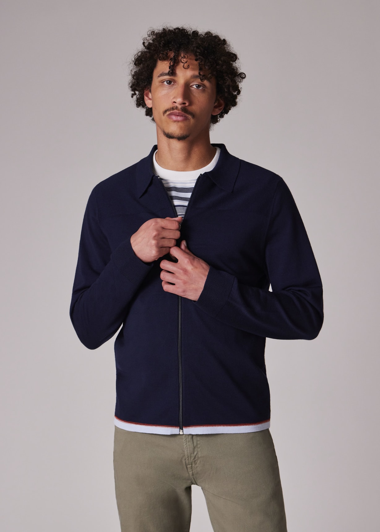 Men's Navy Washable Merino Wool Zip Cardigan